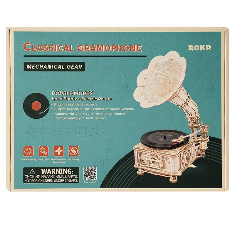 Robotime Hand Crank Classic Gramophone Wooden Model Building Kit | Vintage-style Music Box | 424pcs Fun Assembly | Gift for Children, Adults, and Vintage Enthusiasts | Home Decor